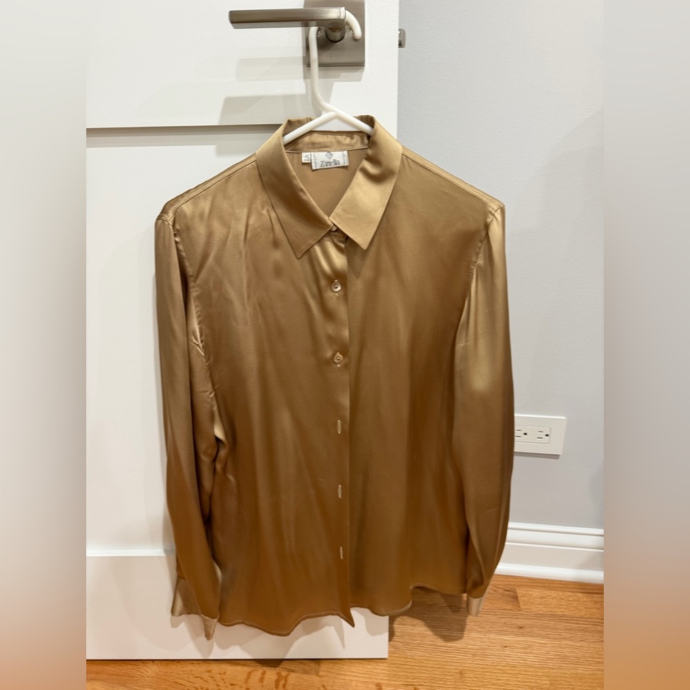 Zanella Silk Satin Button Down Shirt Golden Brown Size 8 Made In Italy